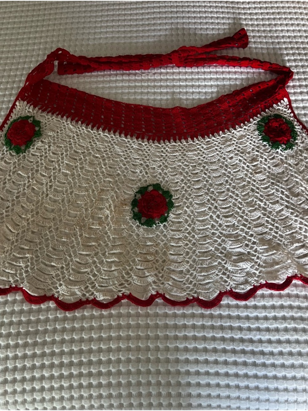 Handmade Crochet Apron – Red Floral Trim